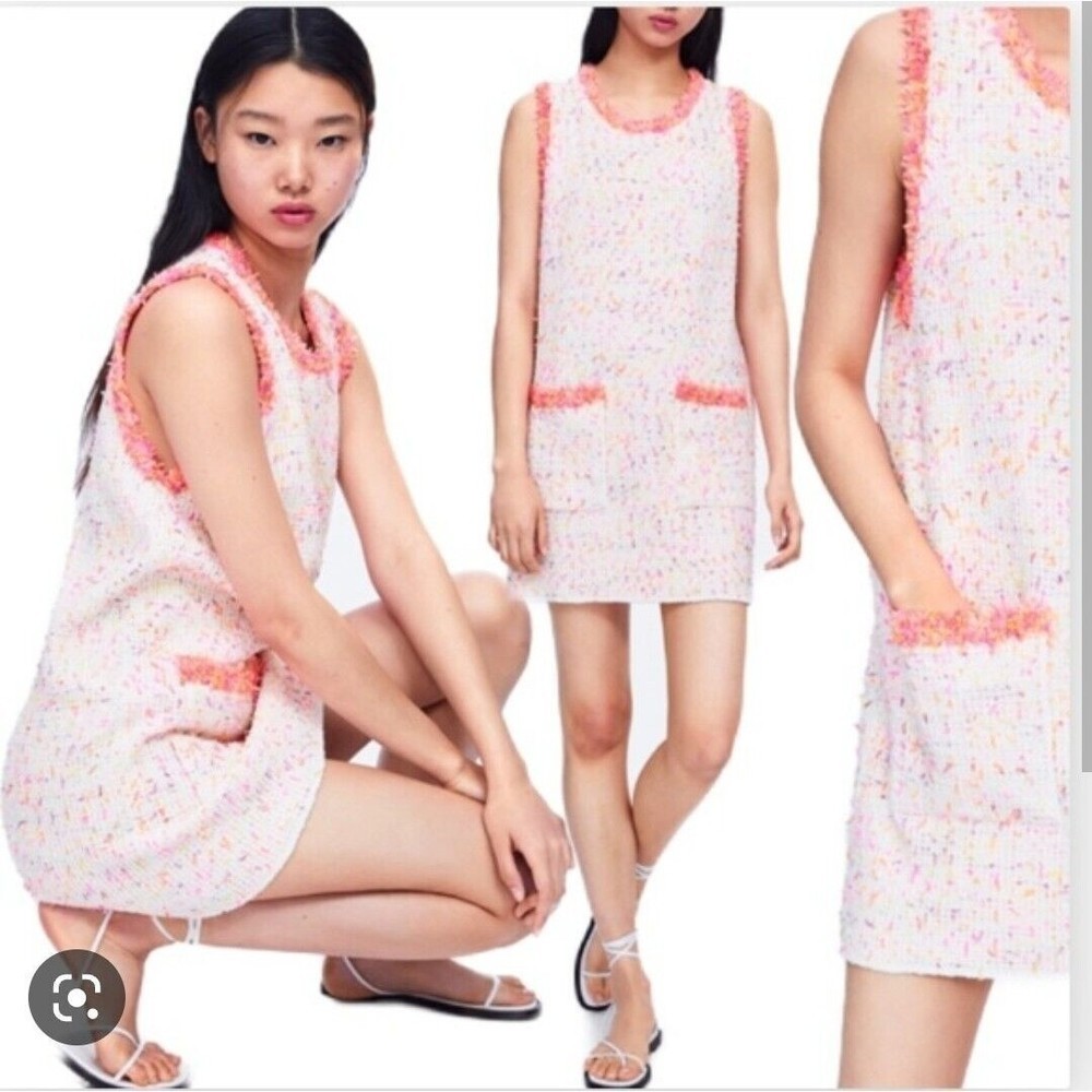 Zara White Tweed Mini Dress with Pink Trim